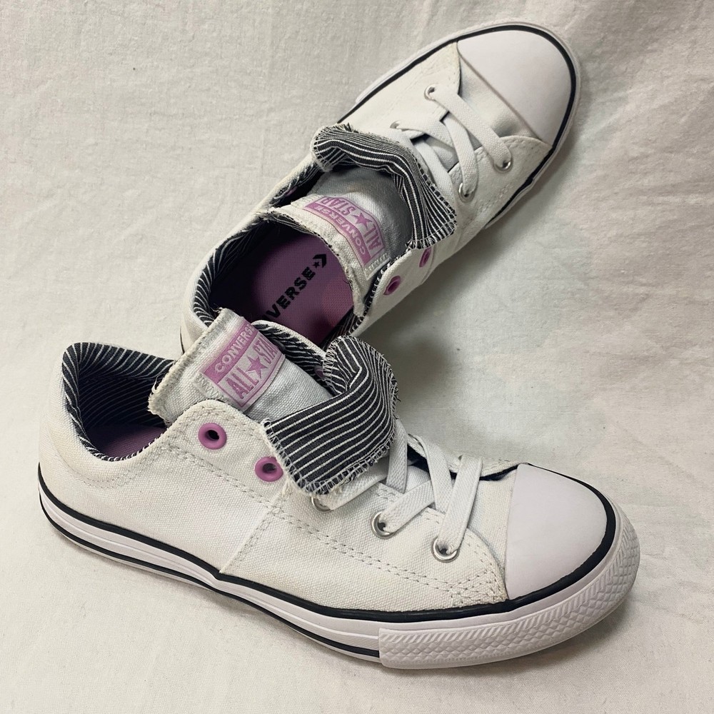 Rare Converse Chuck Double Tongue White w/ Black Stripes & Pink Big Girls Size 4